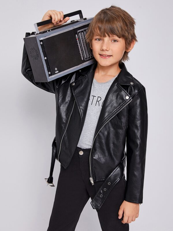 

Boys Zip Up PU Leather Biker Jacket With Belt, Black, Bogdan