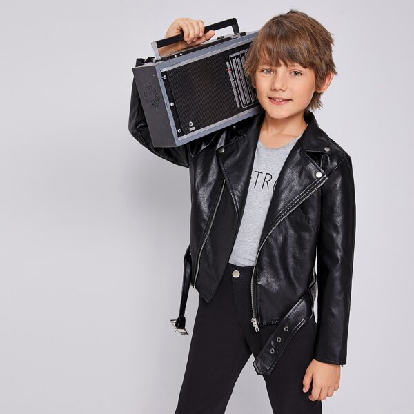 

Boys Zip Up PU Leather Biker Jacket With Belt, Black