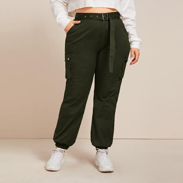 

Plus Pocket Side Belted Cargo Pants, Army green