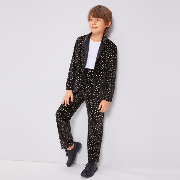 

Boys Lapel Collar Flap Detail Star Velvet Blazer & Pants Set, Black