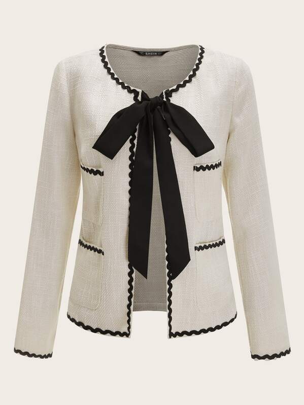 

Open Front Wave Striped Detail Patch Pocket Tweed Jacket, White, Denisa