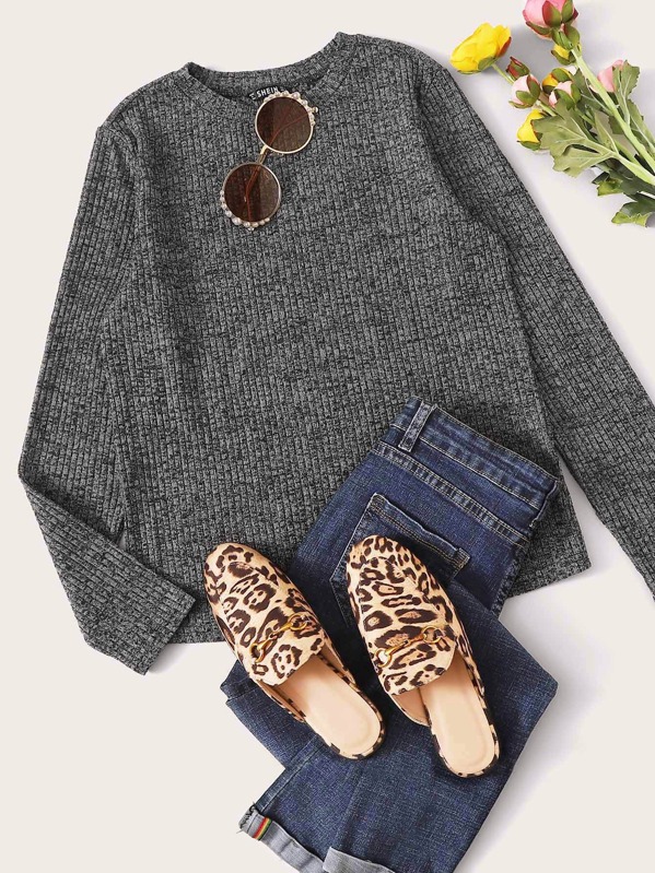 

Rib-knit Marled Tee, Grey
