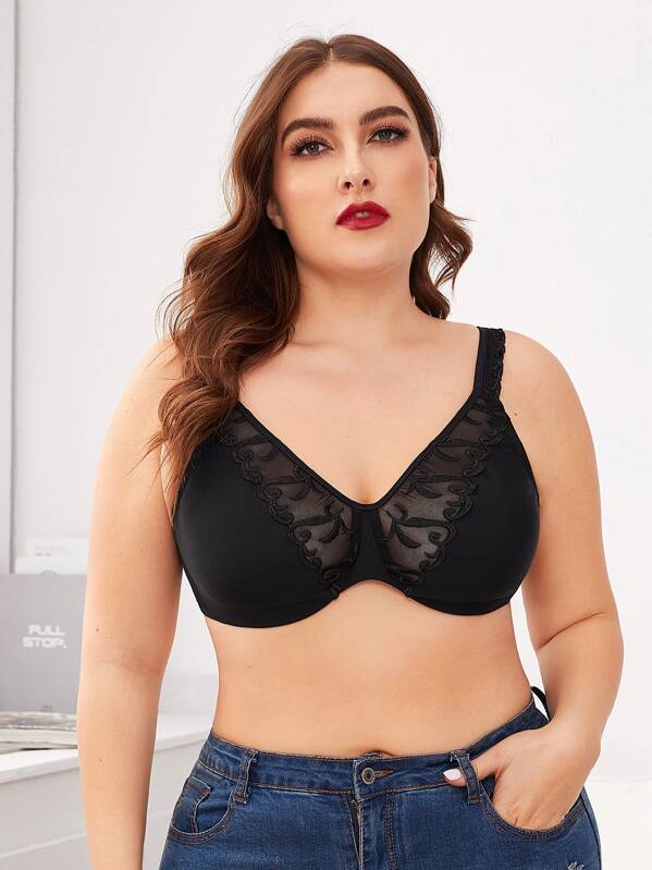 

Plus Contrast Mesh Underwire Bra, Black, Franziska