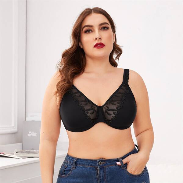 

Plus Contrast Mesh Underwire Bra, Black