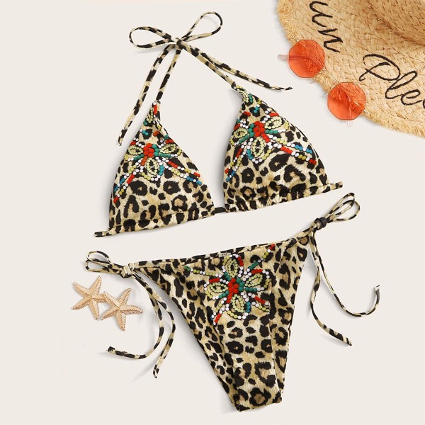 

Leopard Triangle Top With Tie Side Bikini Set, Multicolor