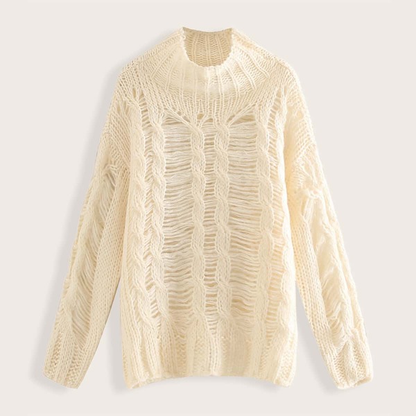 

Solid Ripped Cable Knit Mock Neck Jumper, Beige