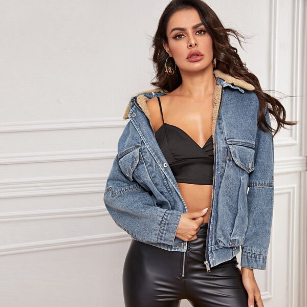 

Solid Zip-up Denim Jacket With Borg Collar, Blue