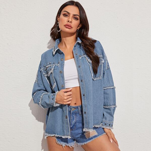 

Studded Raw Trim Denim Trucker Jacket, Blue