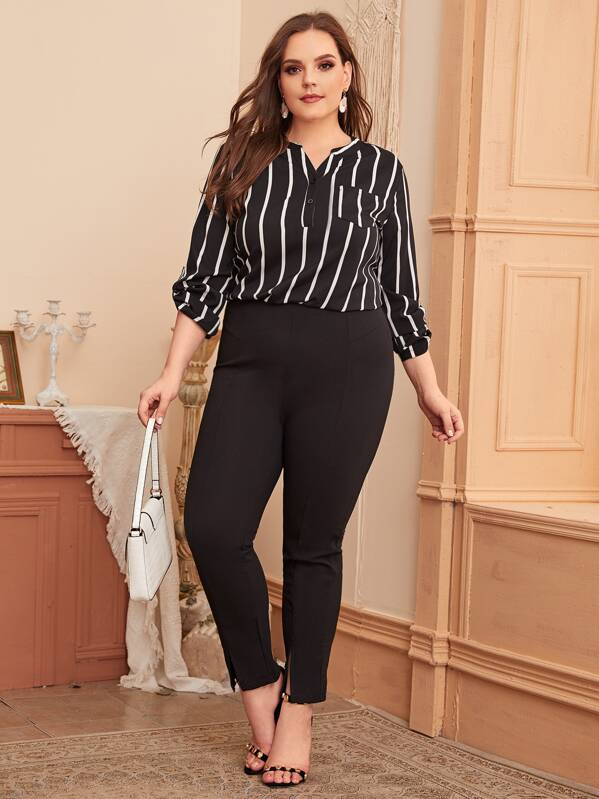 

Plus Striped Notch Neck Blouse, Black, Ella