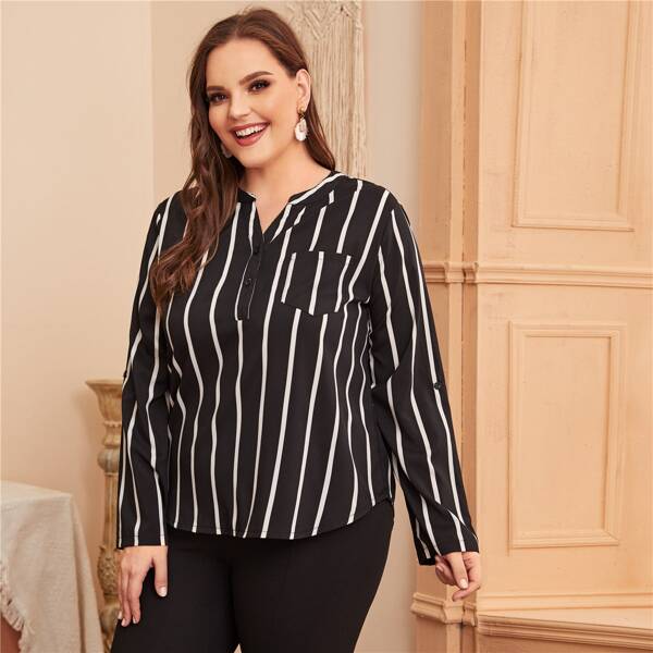 

Plus Striped Notch Neck Blouse, Black