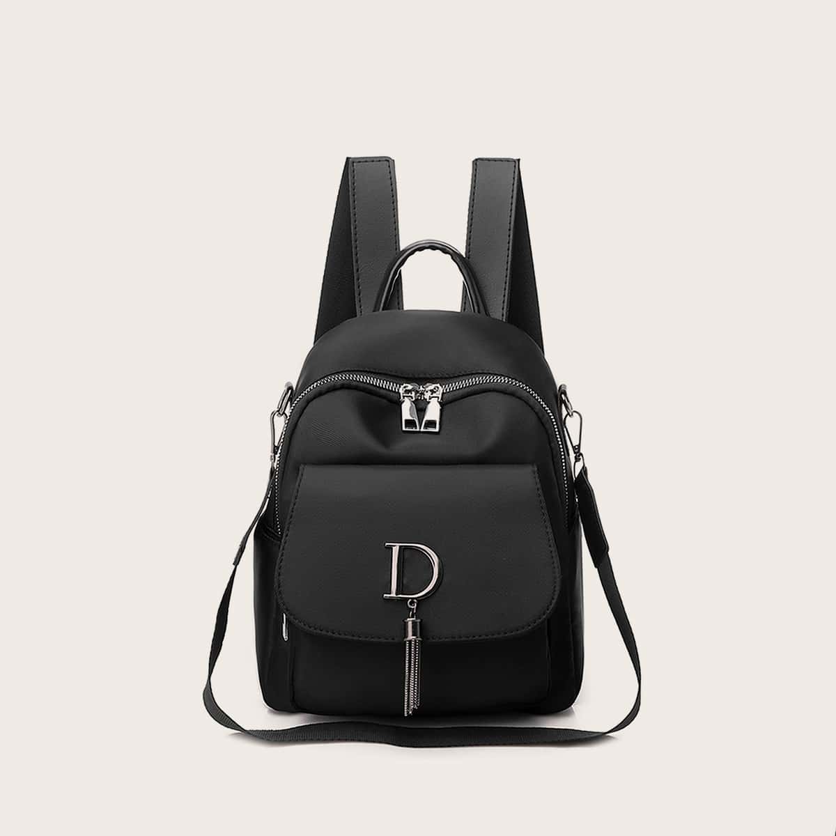 

Metal Tassel Decor Pocket Front Backpack, Black