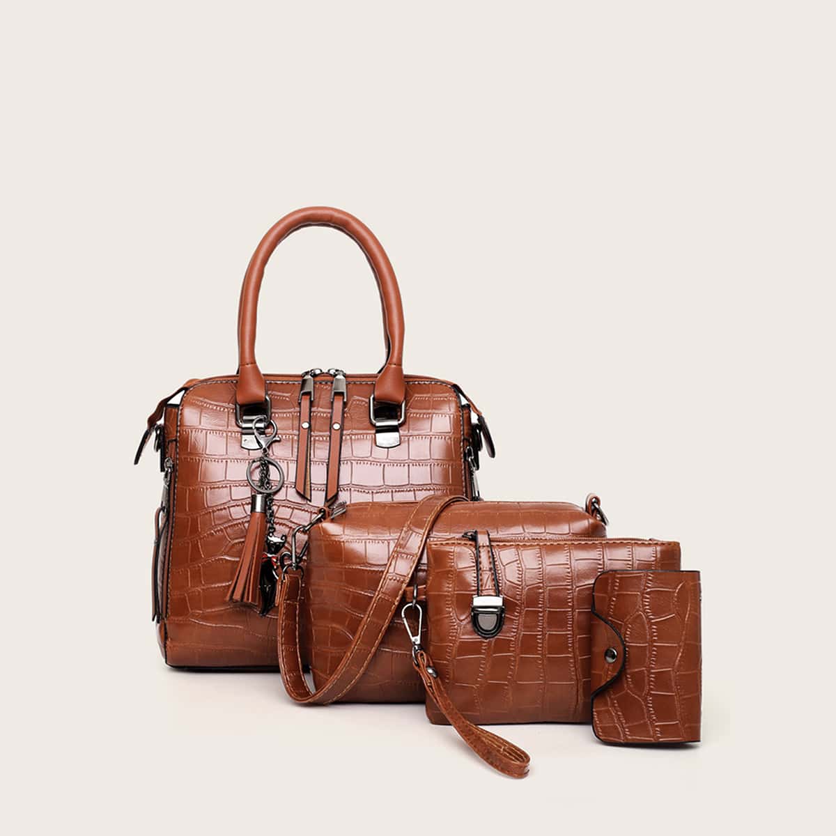 

4pcs Croc Embossed Tassel Decor Bag Set, Brown