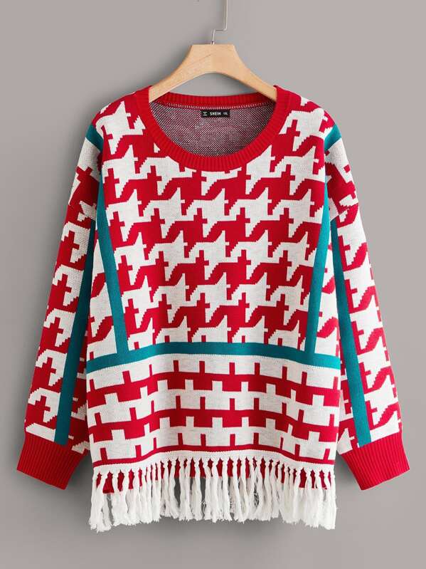 

Plus Drop Shoulder Fringe Hem Houndstooth Pattern Sweater, Multicolor