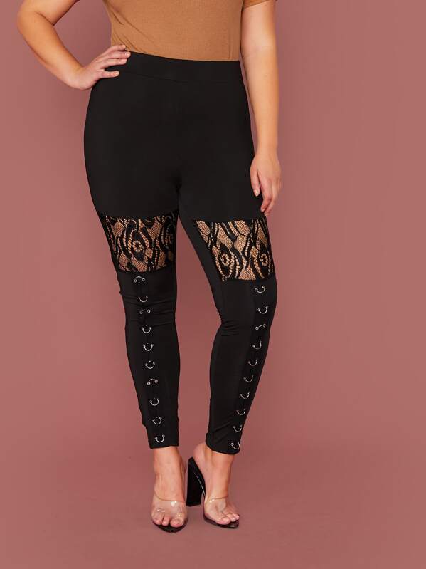 

Plus Ring Detail Lace Insert Leggings, Black, Marcelle Pallais