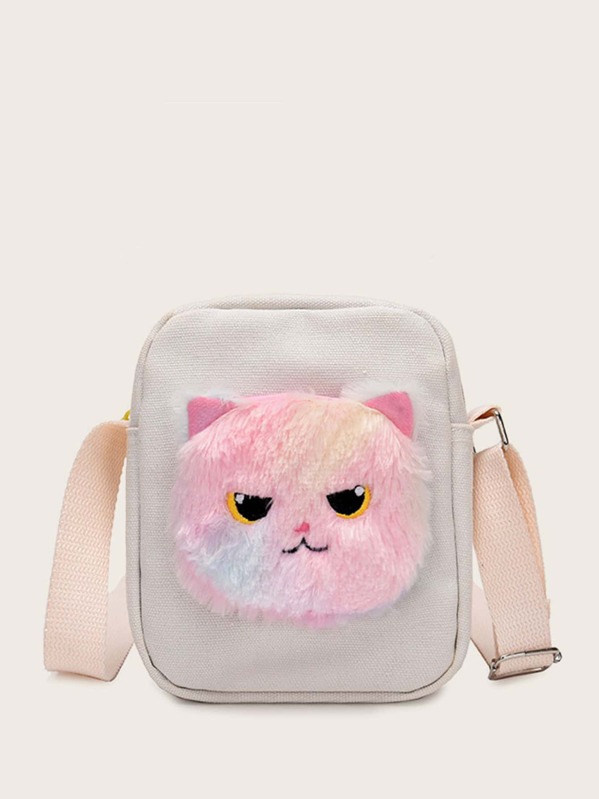 

Girls Fluffy Cat Decor Crossbody Bag, White