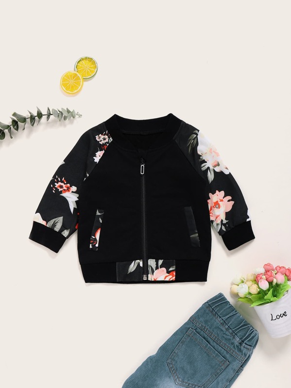

Baby Girl Floral Print Zip Up Bomber Jacket, Black