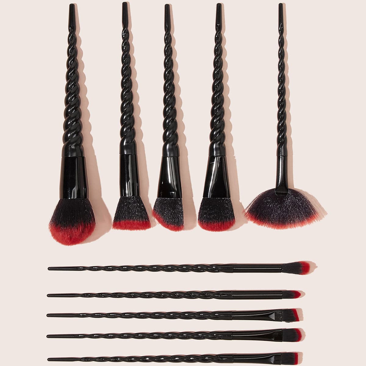 

10pcs Braided Handle Fan Shaped Makeup Brush Set, Black