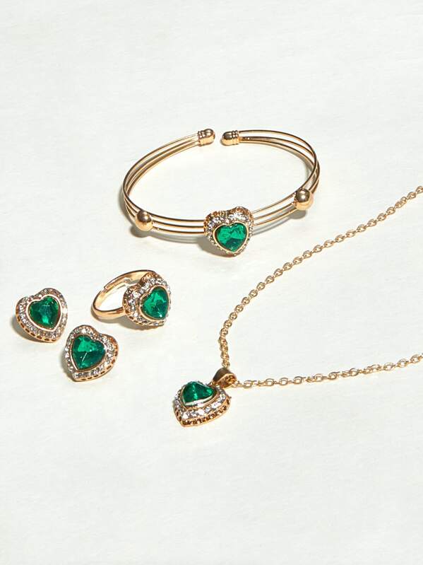 

New Year 5pcs Gemstone Engraved Heart Shaped Jewelry Set
