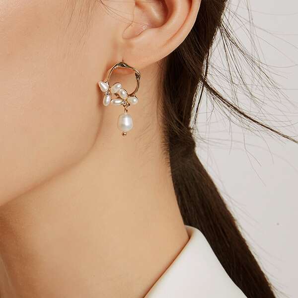 

1pair Pearl & Rhinestone Decor Earrings, White