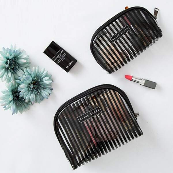 

1pc Striped Pattern Cosmetic Storage Bag, Black