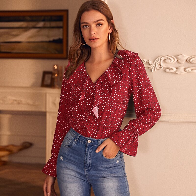 

Polka Dot Print Ruffle Blouse, Red