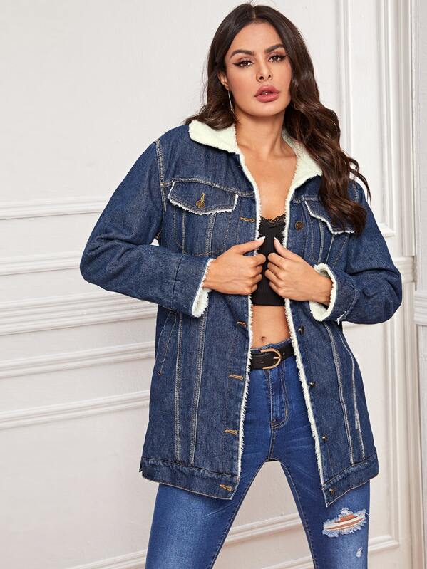 

Flap Pocket Sherpa Lined Belted Denim Coat, Navy, Andy