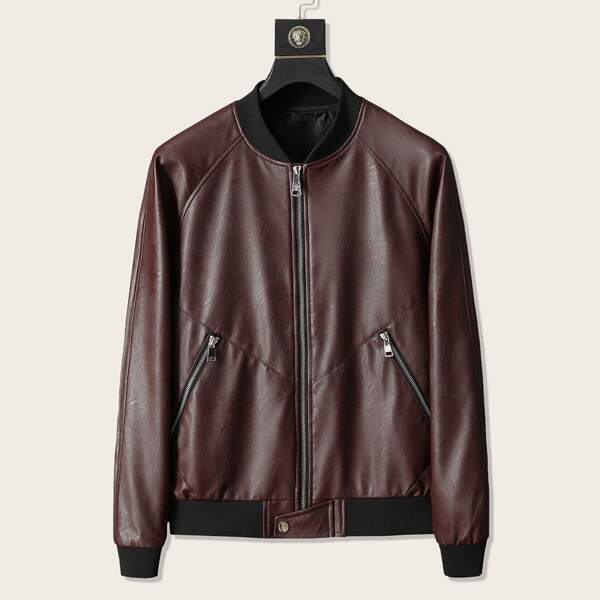 

Men PU Leather Zip Up Bomber Jacket, Burgundy