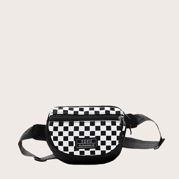 

Kids Checkered Zip Front Fanny Pack, Black and white