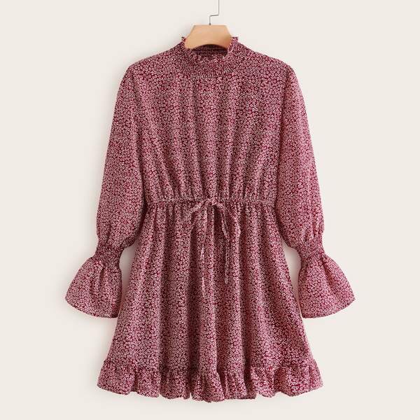 

Plus Allover Print Shirred Frill A-line Dress, Burgundy
