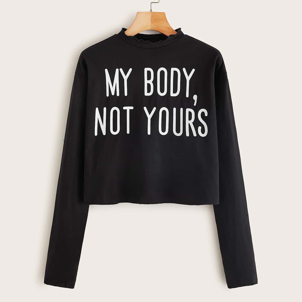 

Slogan Graphic Long Sleeve Crop Tee, Black