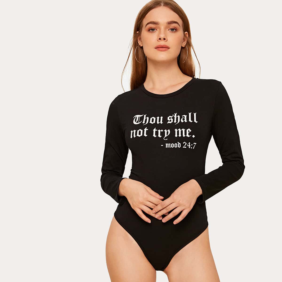 

Slogan Graphic Long Sleeve Skinny Bodysuit, Black