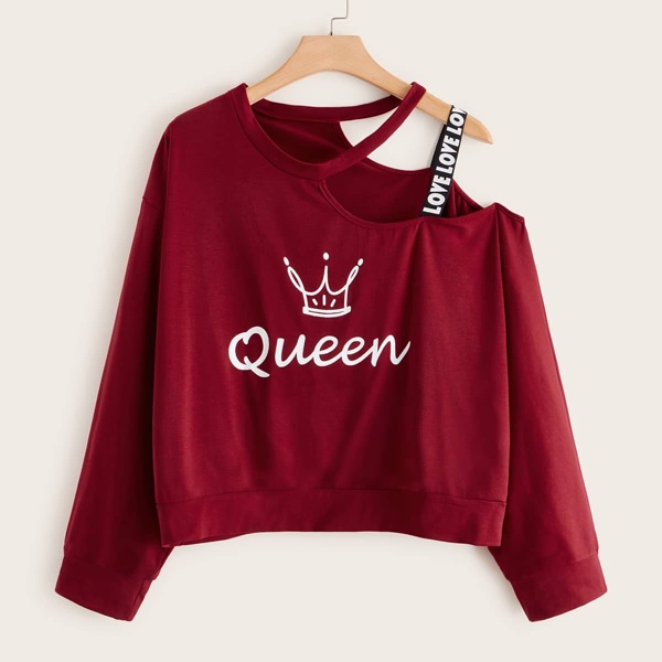 

Plus Letter Graphic Tape Asymmetrical Sweatshirt, Burgundy