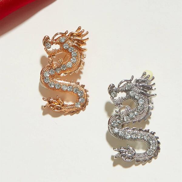 

2pcs Rhinestone Engraved Dragon Shaped Brooches Set, Multicolor