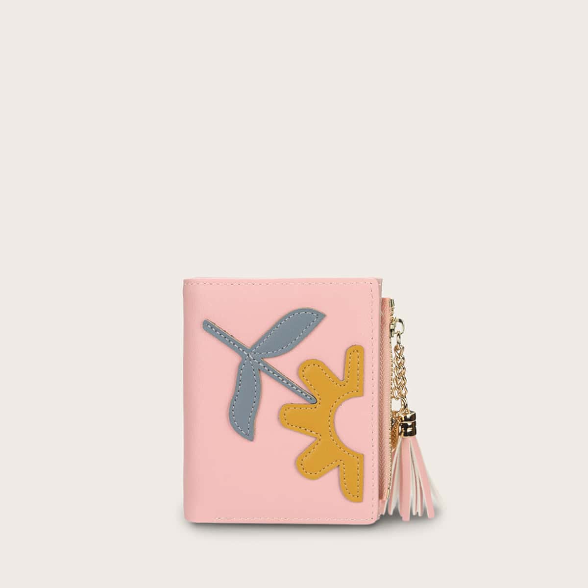

Tassel & Heart Charm Flower Patch Wallet, Pink