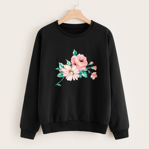 

Plus Floral Print Round Neck Sweatshirt, Black