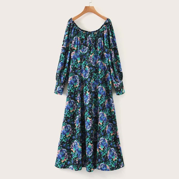 

Floral Print Off Shoulder High Waist Dress, Multicolor