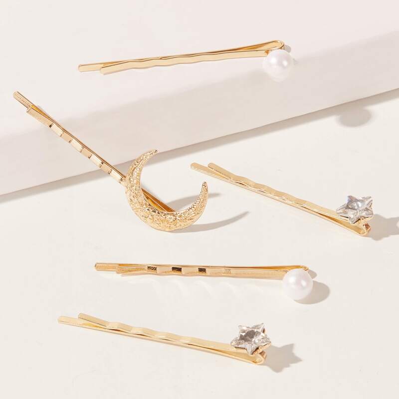 

5pcs Moon & Star Decor Hair Clips, Gold