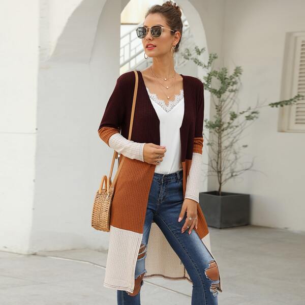 

Open Front Cut And Sew Longline Coat, Multicolor