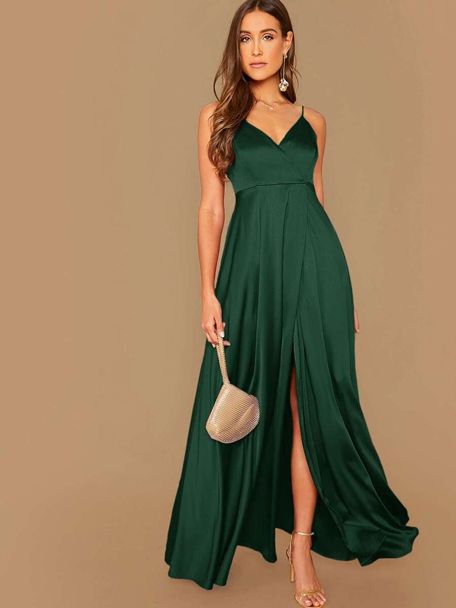 SHEIN Wrap Maxi Satin Dress - Dark Green - View 1