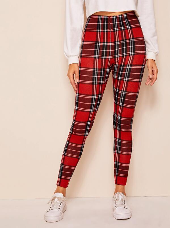 

High Waist Plaid Leggings, Red, Mary P.