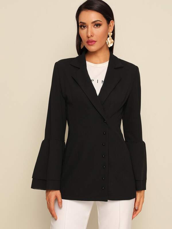 

Notched Collar Press Buttoned Layered Sleeve Blazer, Black, ZulcarD
