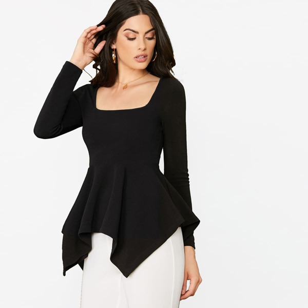 

Square Neck Zipper Back Hanky Hem Blouse, Black