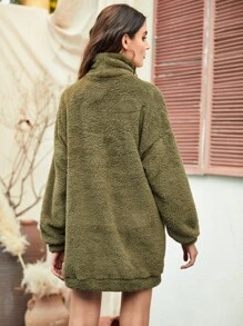 SHEIN 高領落肩絨毛連衣裙 - 軍綠色 - 查看 2