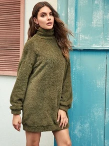 SHEIN 高領落肩絨毛連衣裙 - 軍綠色 - 查看 4