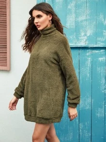 SHEIN 高領落肩絨毛連衣裙 - 軍綠色 - 查看 5