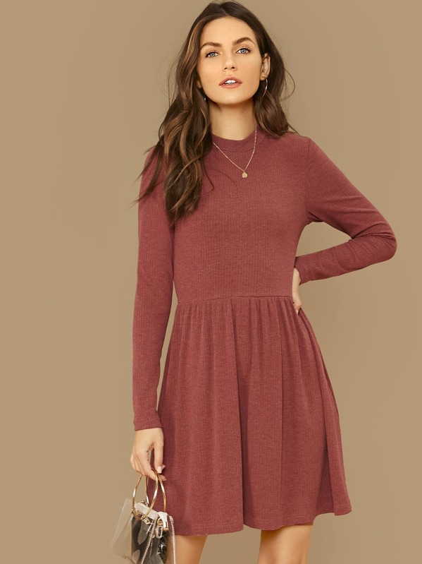 

Solid Rib-knit A-line Dress, Red, Zorana
