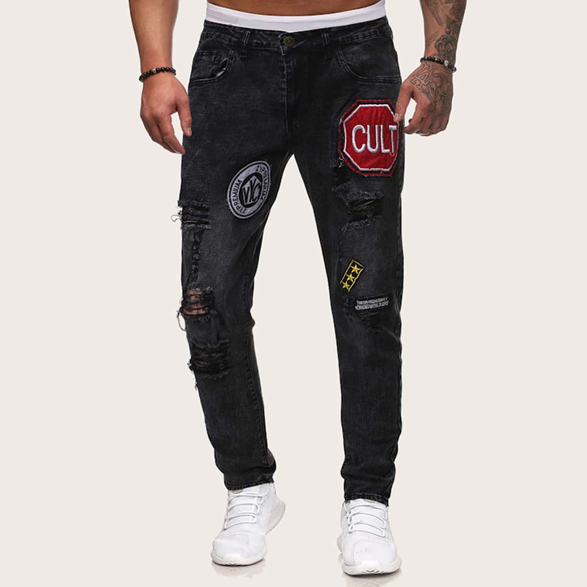 

Guys Letter & Star Patched Ripped Jeans, Black