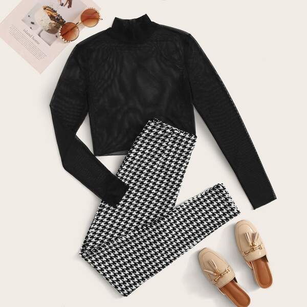 

Mesh Crop Top and Houndstooth Skinny Leggings Set Without Bra, Black and white