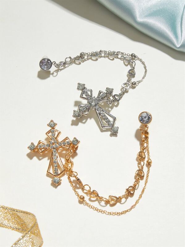 

2pcs Rhinestone Engraved Cross Shaped Chain Brooches Set, Multicolor