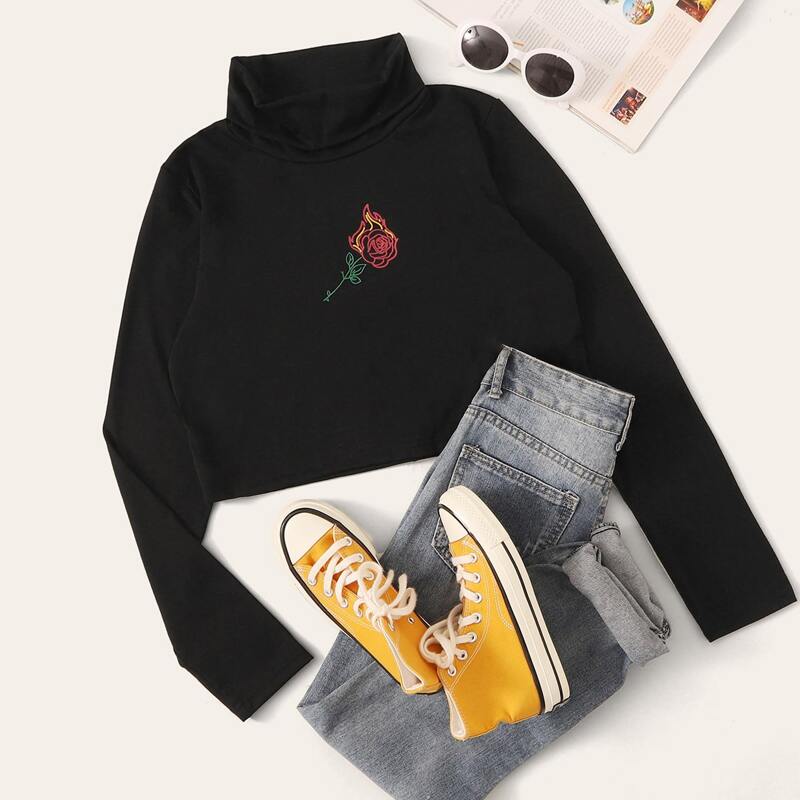 

Rose Print High Neck Crop Tee, Black